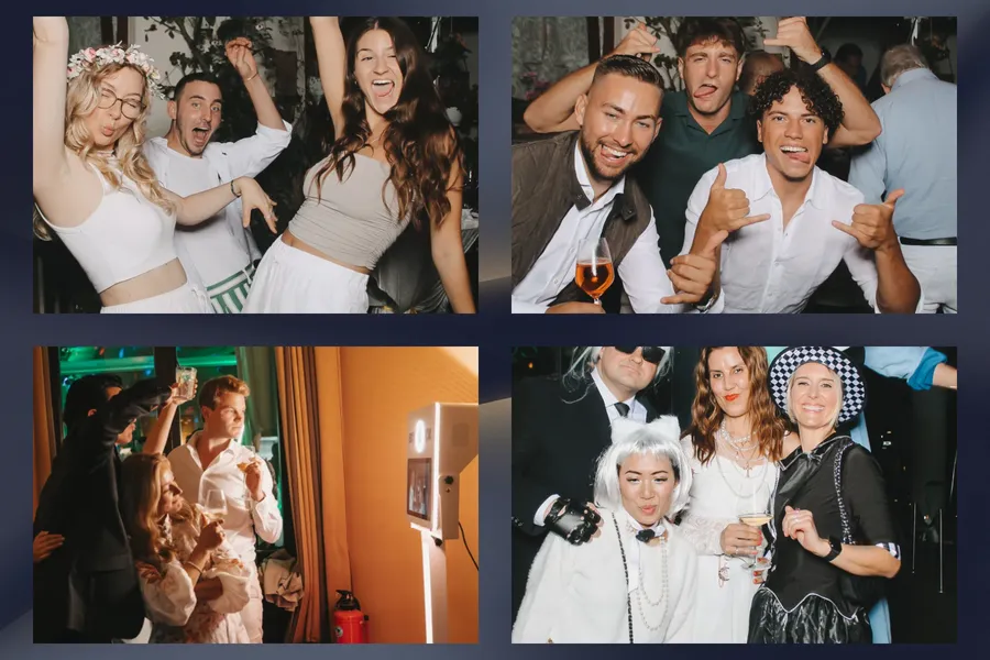 Fotobox-Layout Firmenfeier mit vier Fotos auf dunkelblauem Hintergrund