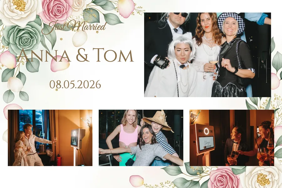 Fotobox-Layout Vorlage Hochzeit im Querformat mit Blumen, Namen und Datum