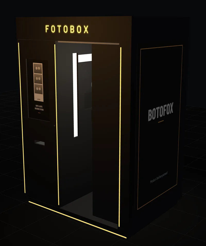 Entwurf der festen Botofox-Fotokabine mit Vorhang und Lichtleisten